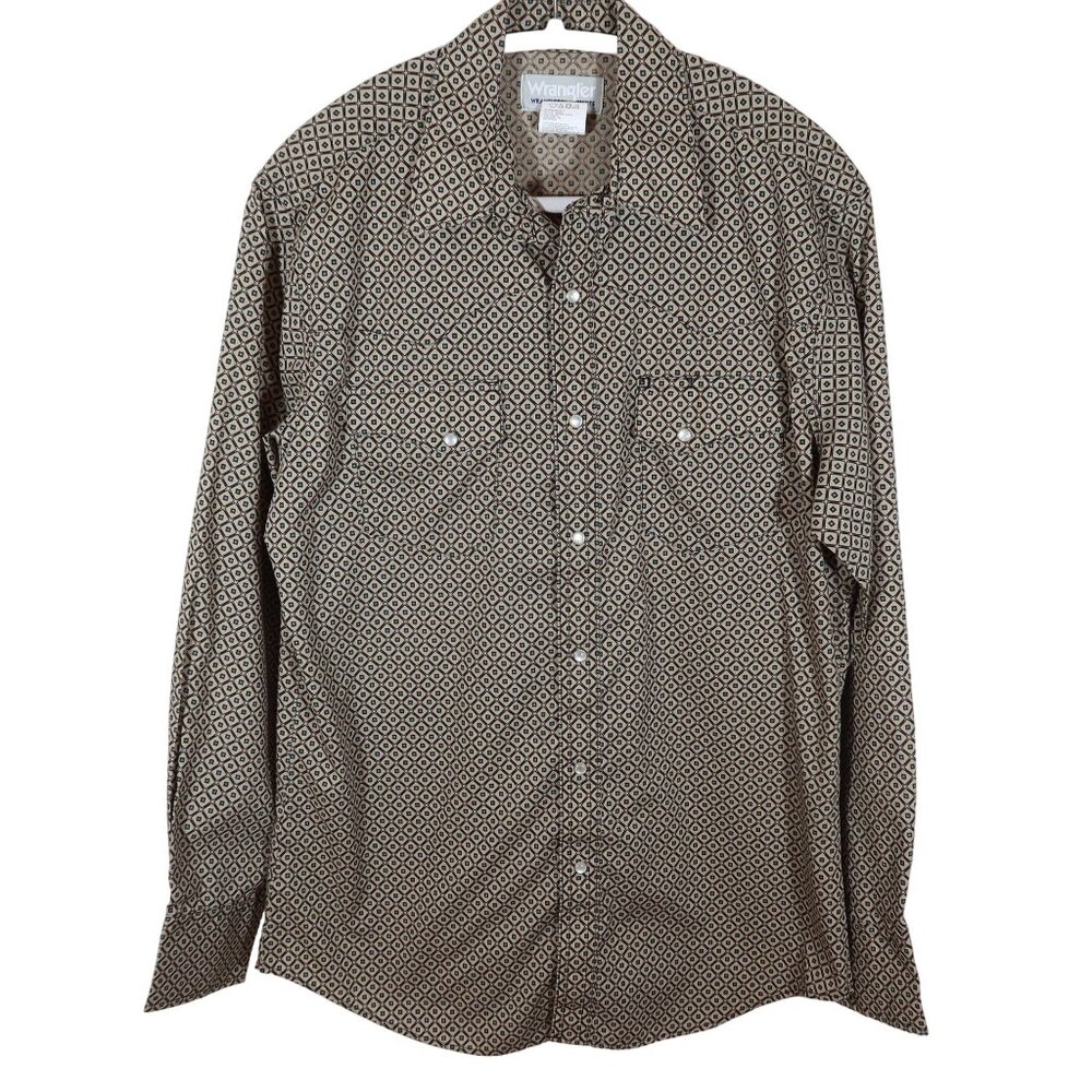 WRANGLER Pearl Snap Western Wrancher Shirt Size M Tan Blue Print Cotton Blend